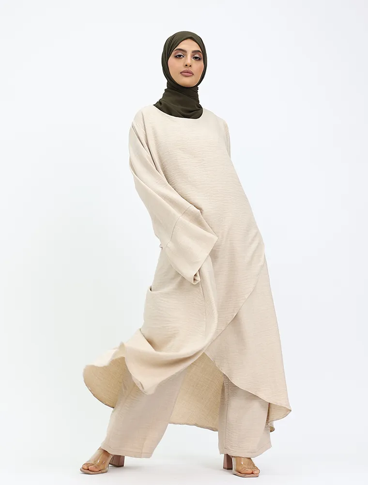Beige Linen Feel Wrap Co Ord Set